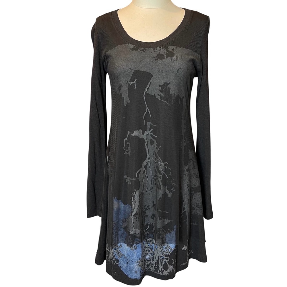 Lauren Vidal Abstract Lightning Print Dress with Asymmetrical Mesh Overlay
